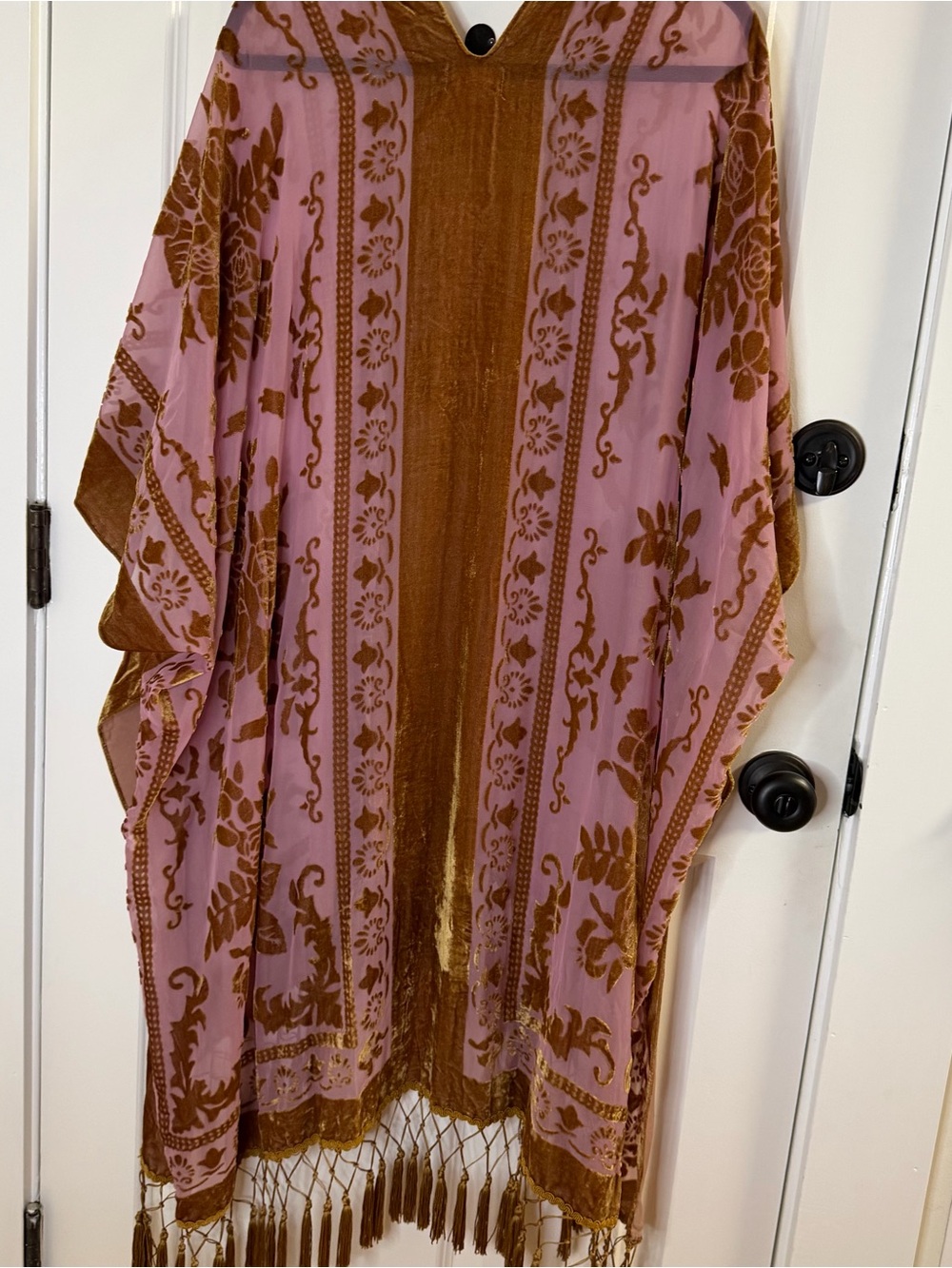 Free People Boho Tassel Kimono in Mauve with Gold Velvet Trim - Picture 7 of 8